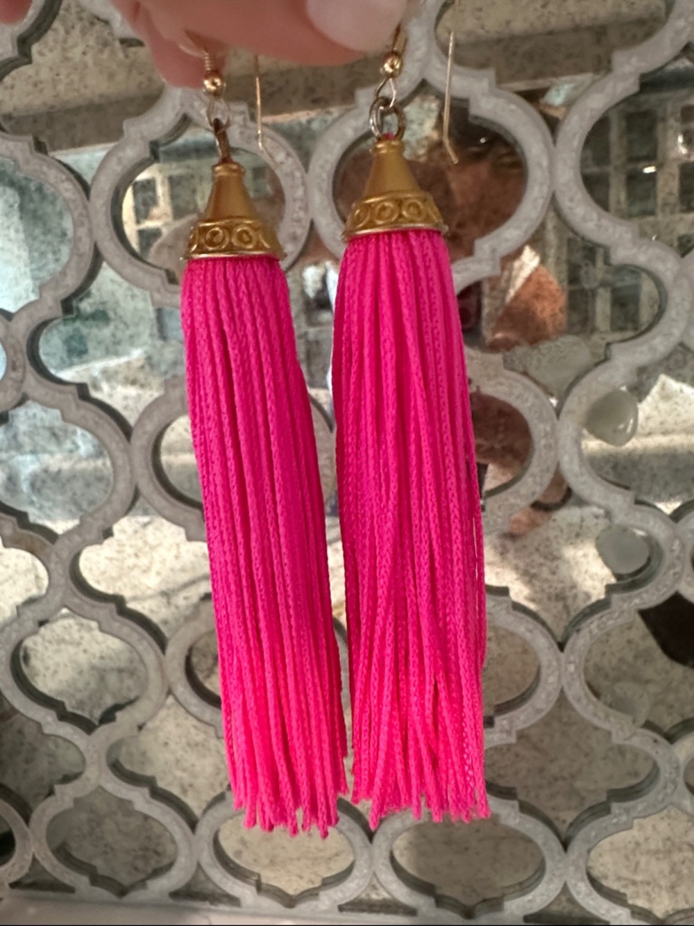 Bright Pink Tassel Drop Earrings with Gold Accents